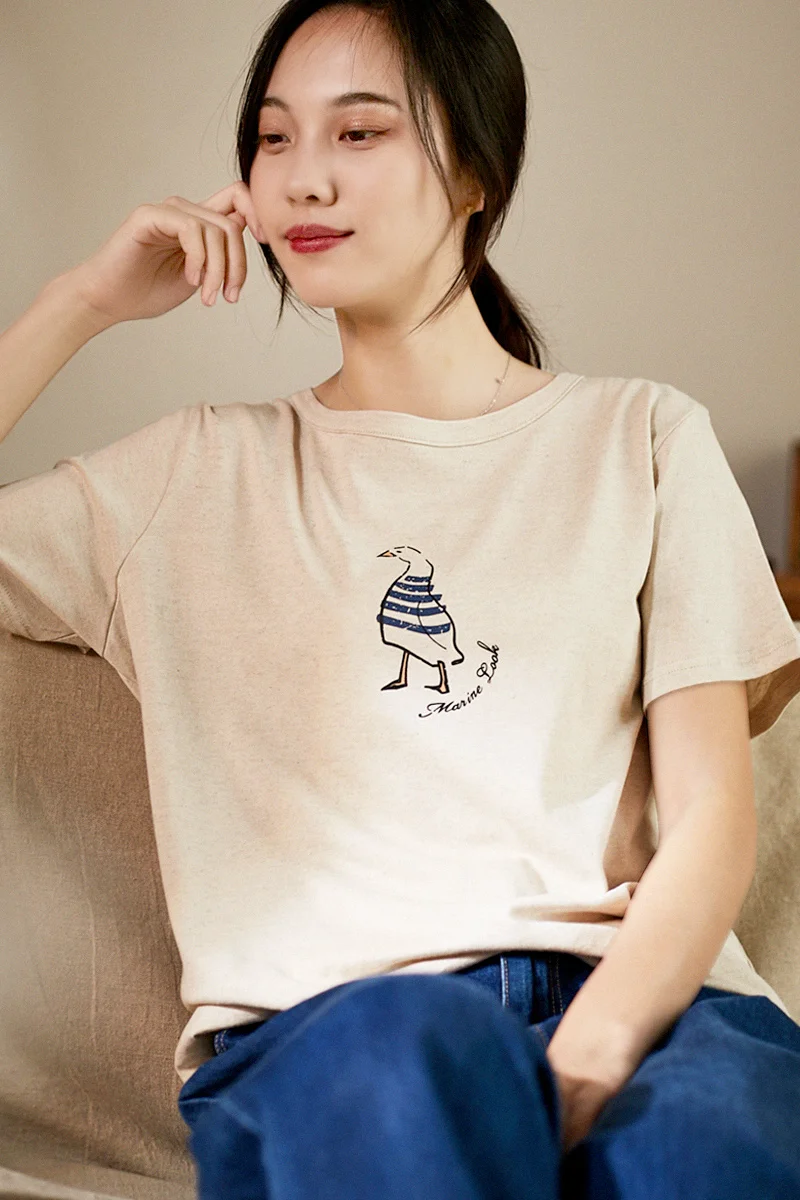 

Summer New Women Basics All-match Soft Casual Artistic Print Comfortable Water Washed Cotton Linen Pullover T-shirts Tops