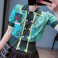 new summer ice silk vintage knitted short women t shirt cardigan sweater floral embroidery double breasted ladies elegant tops