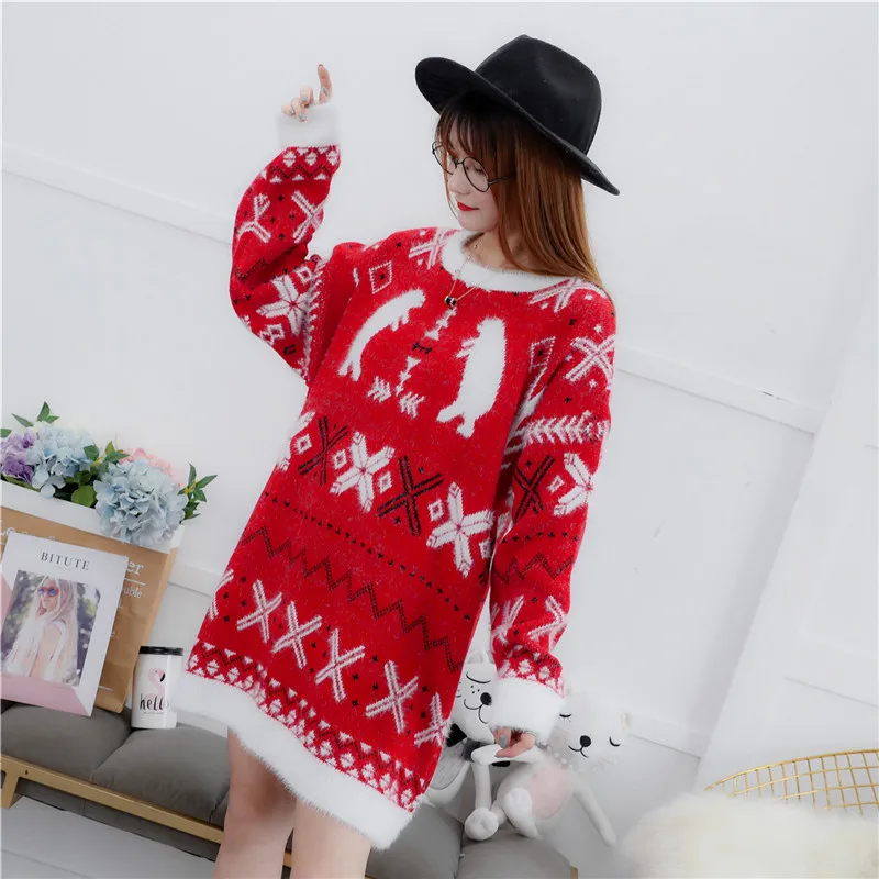 Зимние теплые новые женские длинные свитера секционные красные рождественские