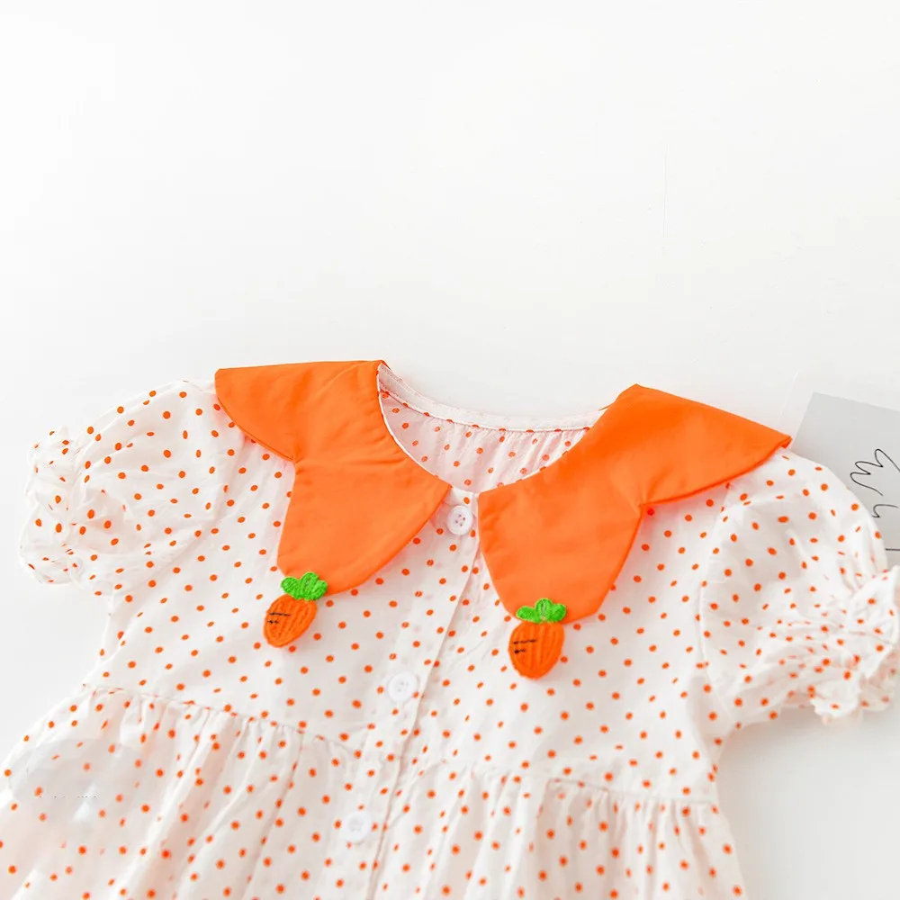 

Brand Children's Clothing 2021 Summer New Carrot Petal Collar Dot Bubble Sleeve One-piece Baby Climbing Suit