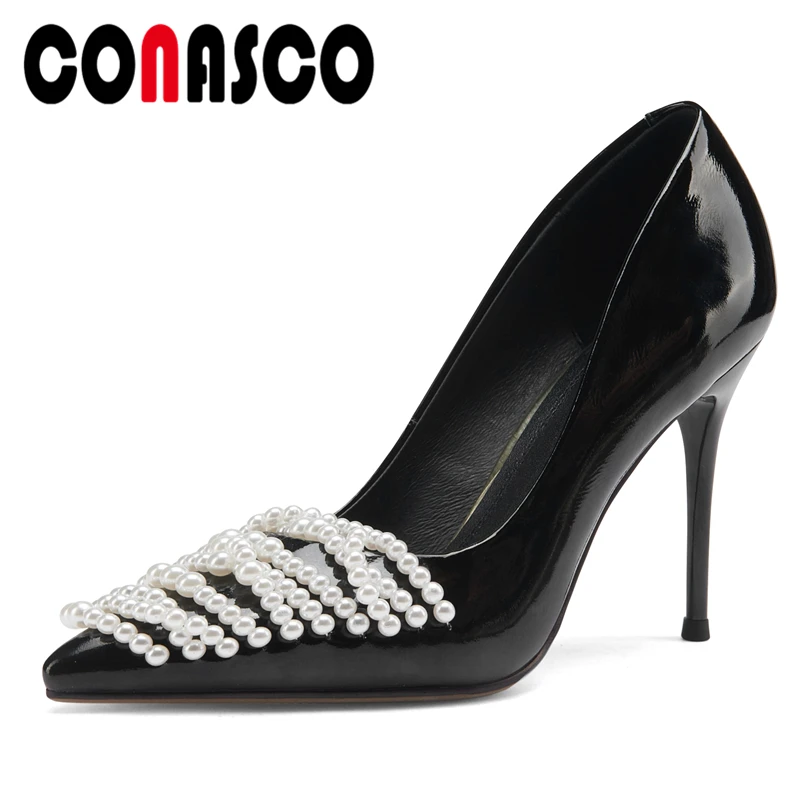 

CONASCO 2021 Spring New Women Pumps Genuine Leather String Bead Pointed Toe Fashion Party Wedding Thin Heels Shallow Shoes Woman