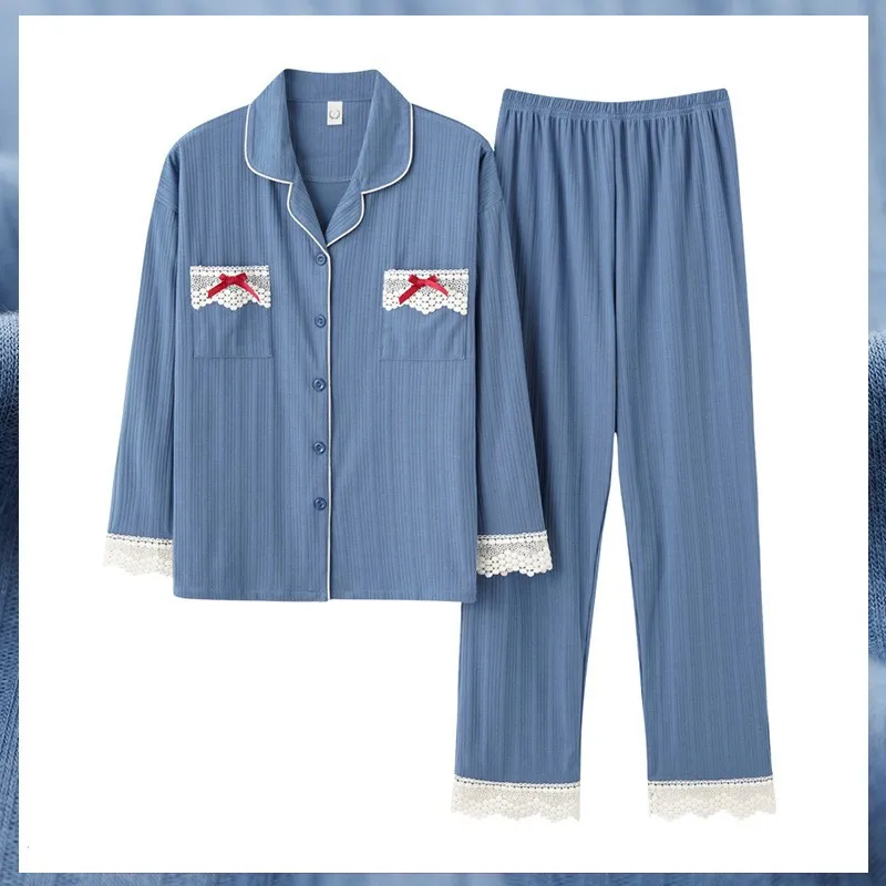 

Женский хлопковый осенний Новый Пижамный костюм из 2 предметов Милая Кружевная Пижама с бантом кардиган с отложным воротником и брюки Ночная одежда Свободная Домашняя одежда