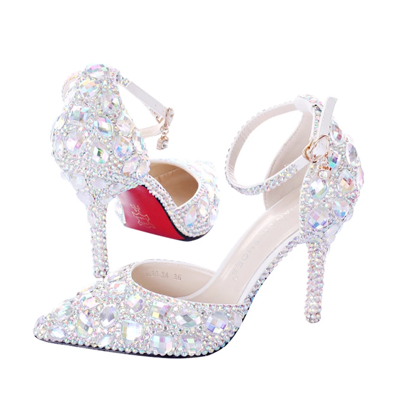 Crystal Queen Women AB Rhinestone Crystal Wedding Shoes Graduation Party Prom Shoes Nightclub Evening Bridal Sandals High Heel