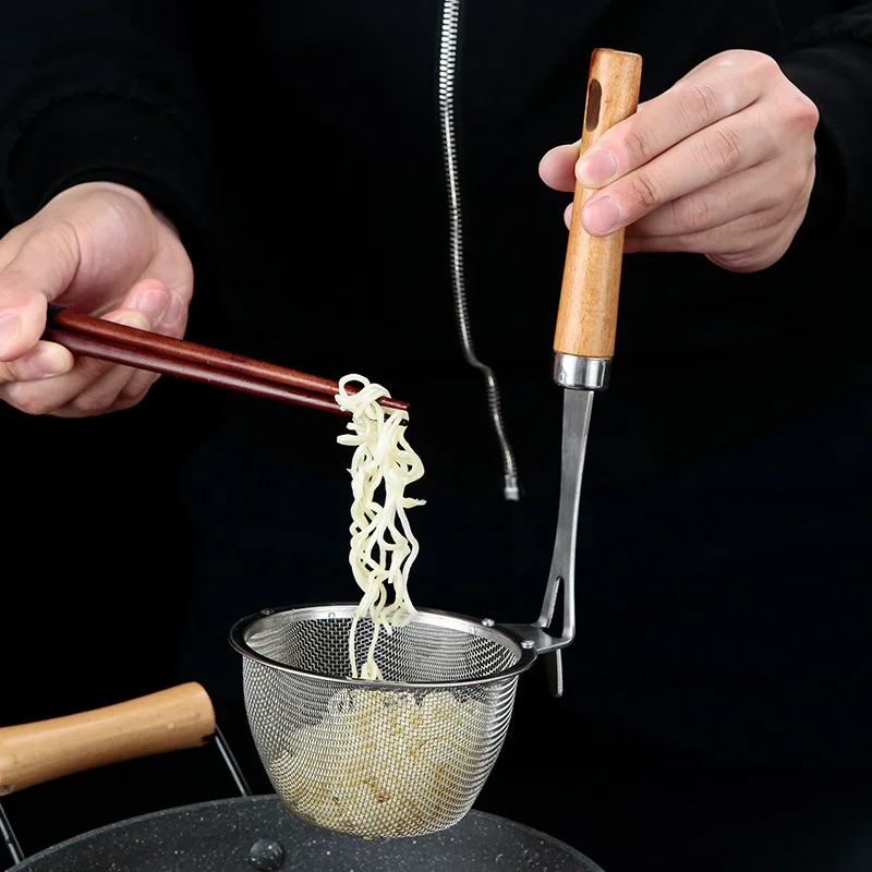 

Wooden Handle Pasta Colander with Hook Stainless Steel Cooking Strainer Spoon French Fries Food Skimmer Filter Kitchen Utensils