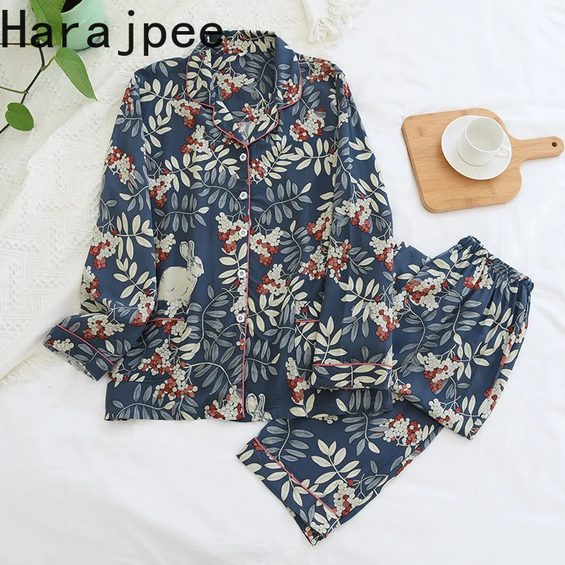 

Harajpee Comfortable Pajamas Cool Cotton Home Clothes Suit Long Sleeved Trousers Pajama Two-piece Suit Thin Elegant Leisure