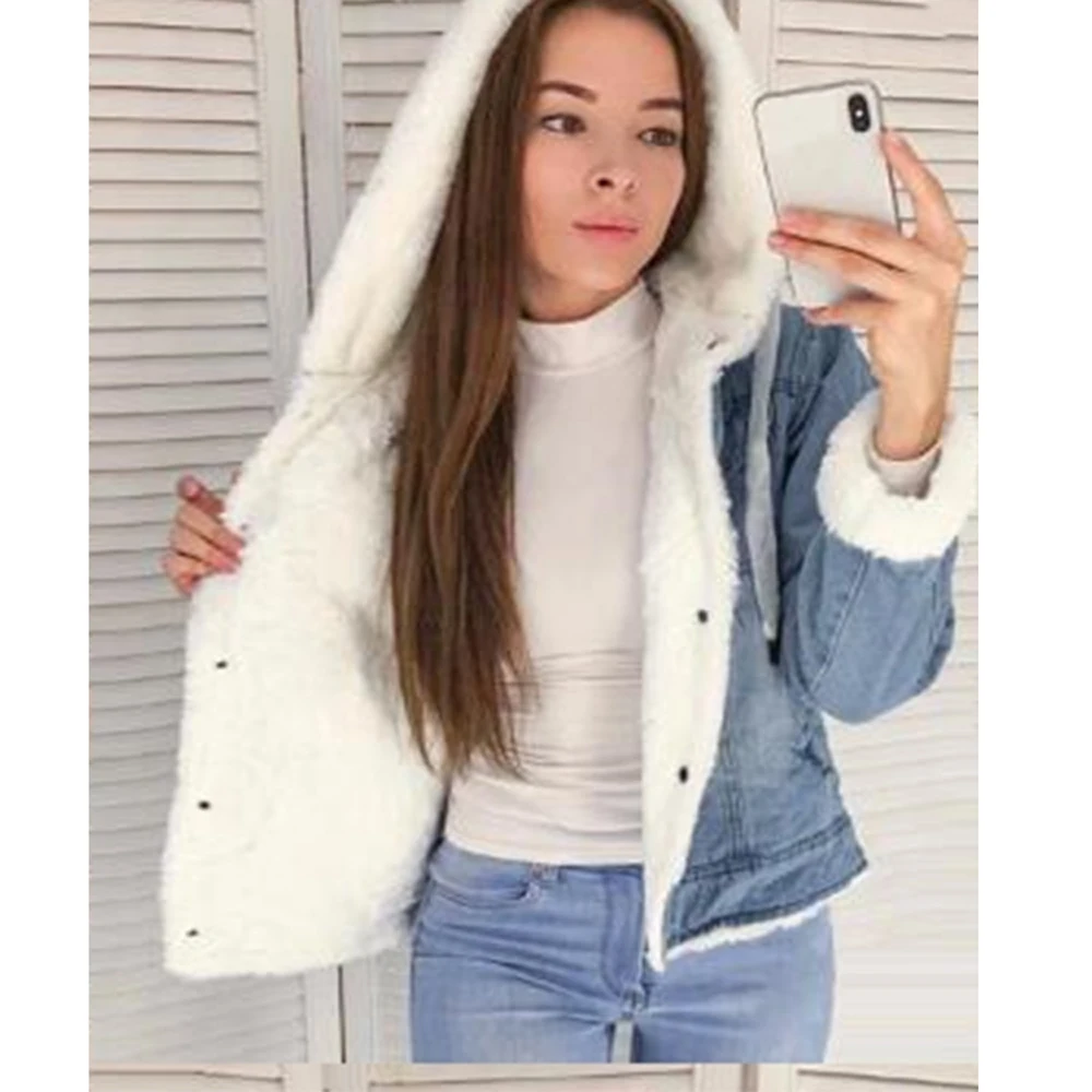 

Denim Coat Loose Fleece Lalambswool Hooded Jacket Cotton Overcoat for Women Light Blue Spring New Style Casual Women Thick Coat