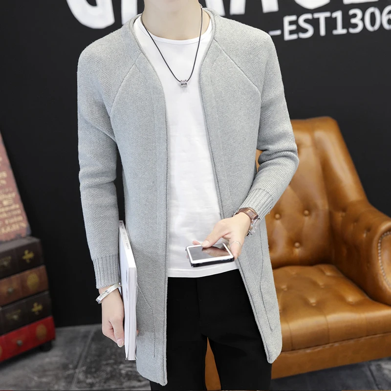 Модный мужской вязаный кардиган трикотажная одежда длинное пальто облегающий