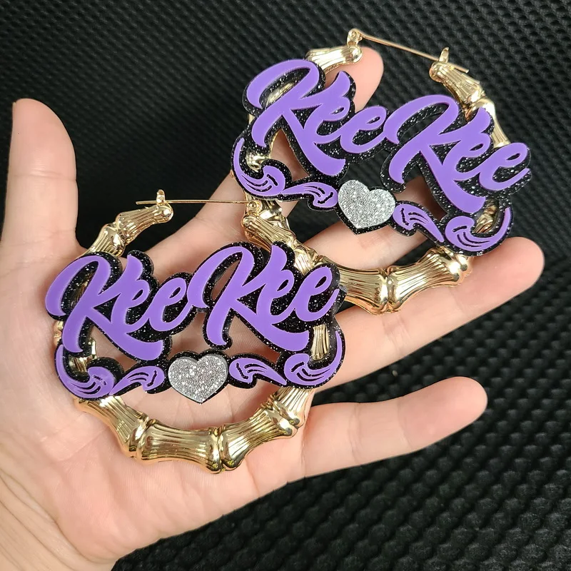 

Lovely Gift Custom Name Bamboo Earrings Cartoons Acrylic Name Necklace Jewelry hoop Earrings For Women Girls Personalized Name