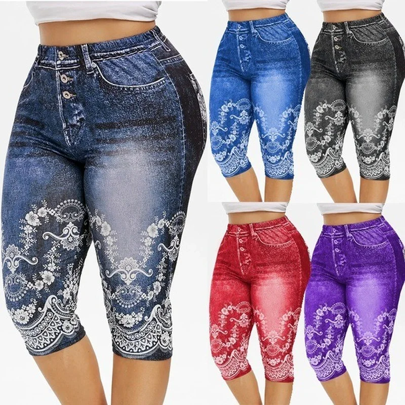 

Printed False Denim Yoga Pant 3\4 Women Jeans Leggings High Waist Breeches Capri Pants Super Elastic Jeggings Plus Size 5XL