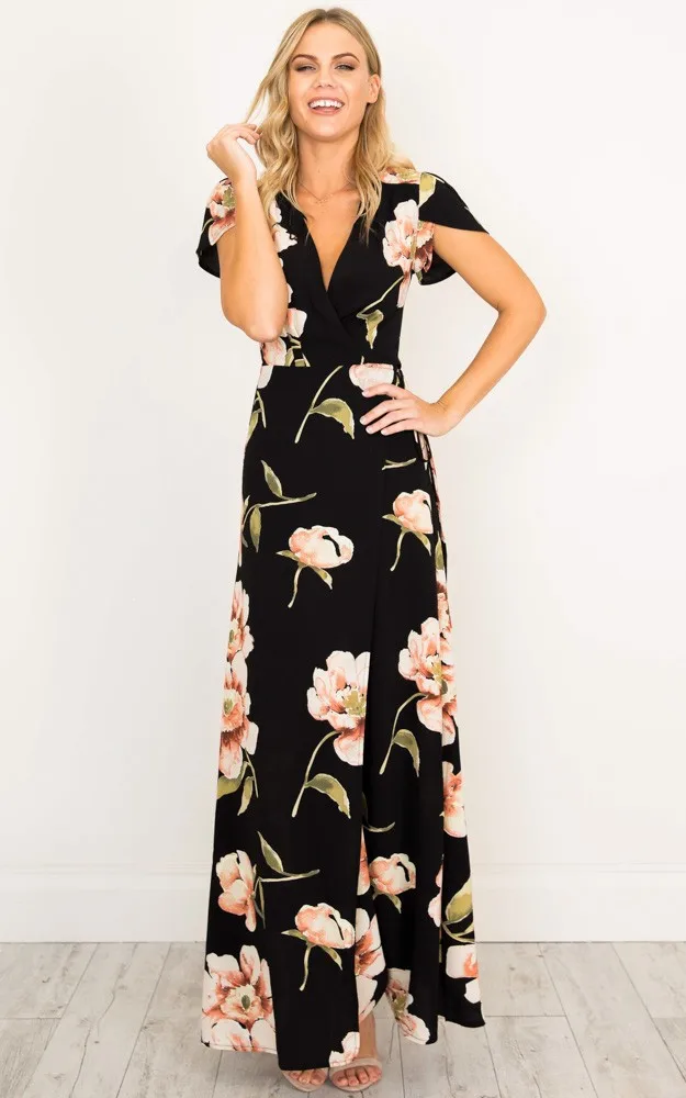 Женское платье с разрезом винтажное V-образным вырезом и принтом лето размера