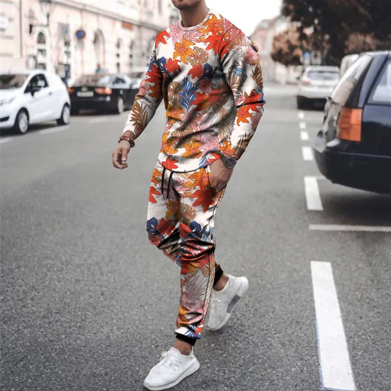 

Men Outfit Set 2021 Autumn Winter New Men's Printed Round Neck Fashion Long-sleeved Casual Suit