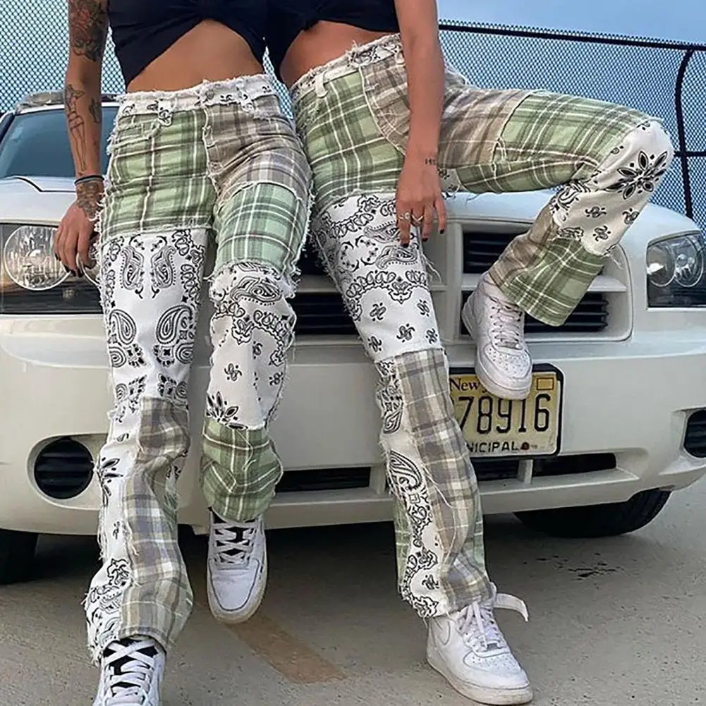 

80% Hot Sales Women Jeans Patchwork Straight Cotton Blend Checkerboard Denim Jeans for Daily Wear