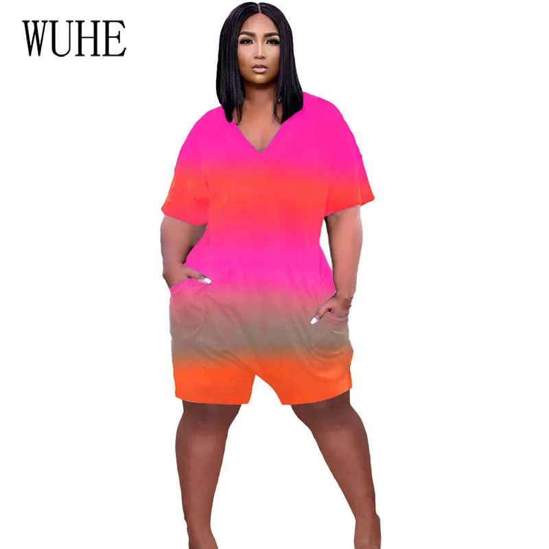 

WUHE Casual Loose Print Jumpsuits Sexy V Neck Short Sleeve Pockets Elegant Summer Sports Joggers Fitness Streetwear Overalls