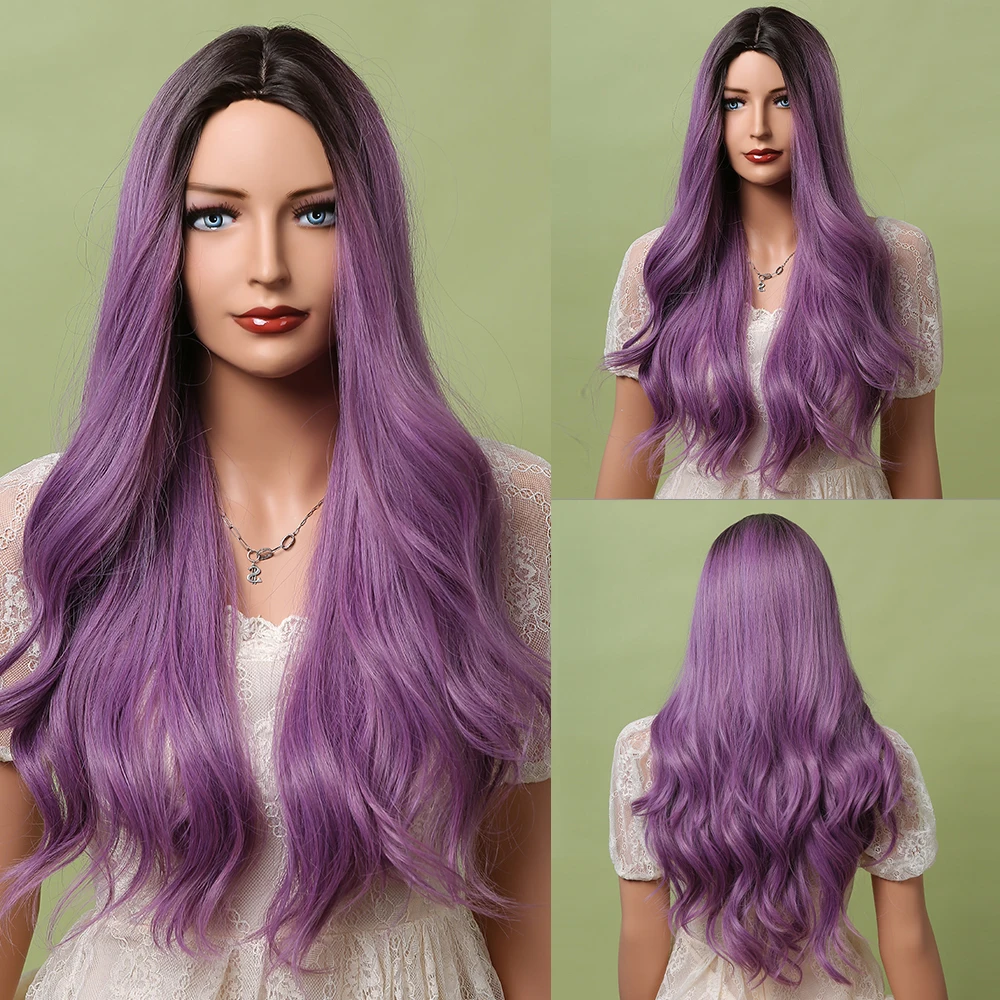 

ALAN EATON Long Wavy Synthetic Wigs Natural Middle Part Ombre Black Purple Cosplay Hair Wig for Black Women Heat Resistant Fiber
