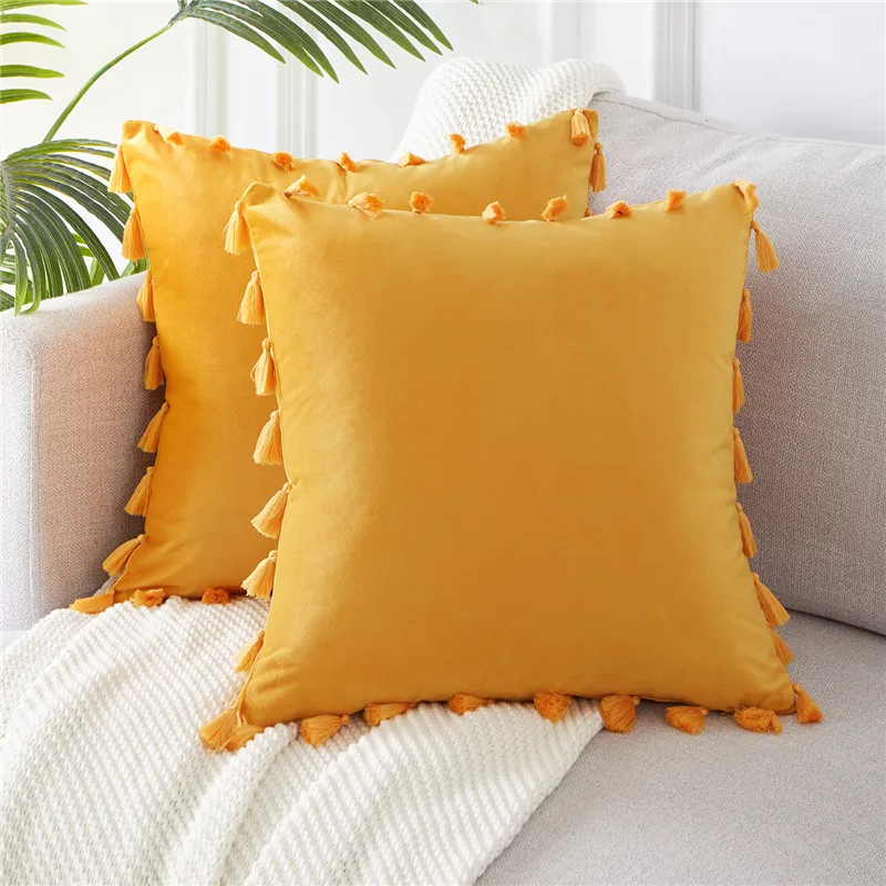 Yellow-Set of 2 Topfinel Твердые бархатные наволочки украшения наволочки мягкие квадратные с кисточкой для дивана кровати домашний декор автомобиля подушки - Цвет: Yellow-Set of 2