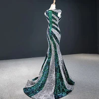 J66928 JANCEMBER Party Dress Mermaid Sequins Silver Green Boat Neck Cap Sleeve Lace Up Back Court Train Vestido De Noche 2020