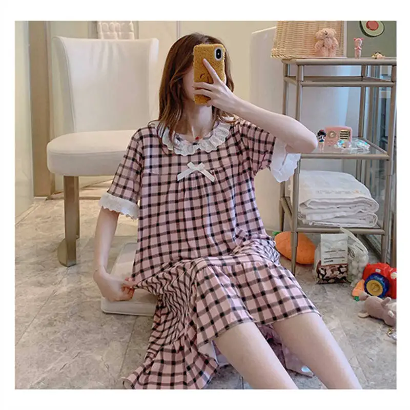 Летние Ночные сорочки женское милое квадратное ночное белье в клетку кружевное