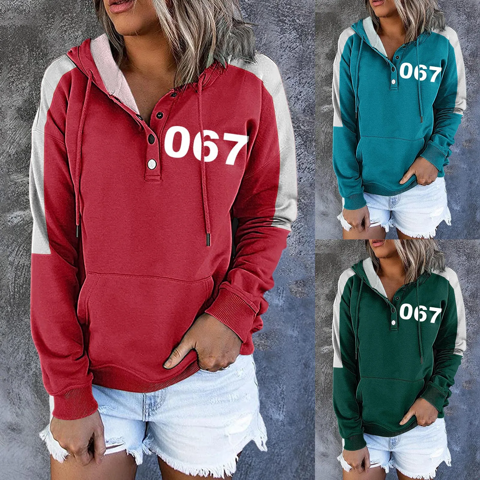 

Squid Game Merch Oversized Hoodie 067 Women Casual Pullover Button Down Hoodies Drawstring Hooded Pocket Long Sleeve Sweatshirts