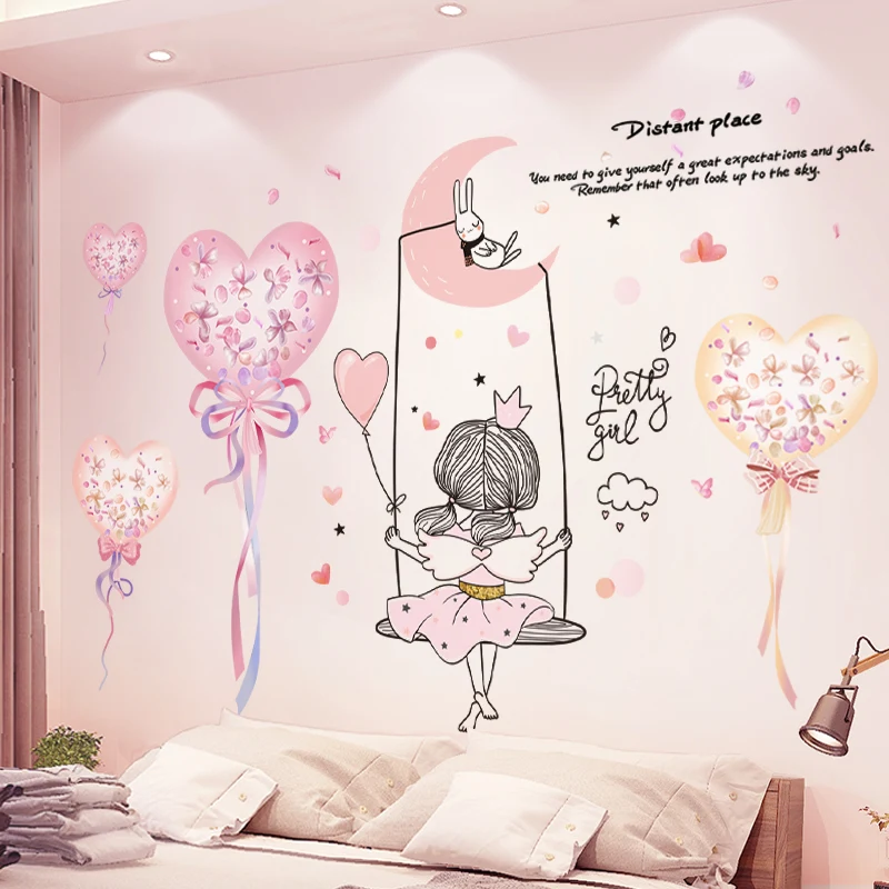 

Cartoons Balloons Wall Stickers DIY Girl on the Swing Wall Decals for Kids Rooms Baby Bedroom Children Nursery Home Decoration