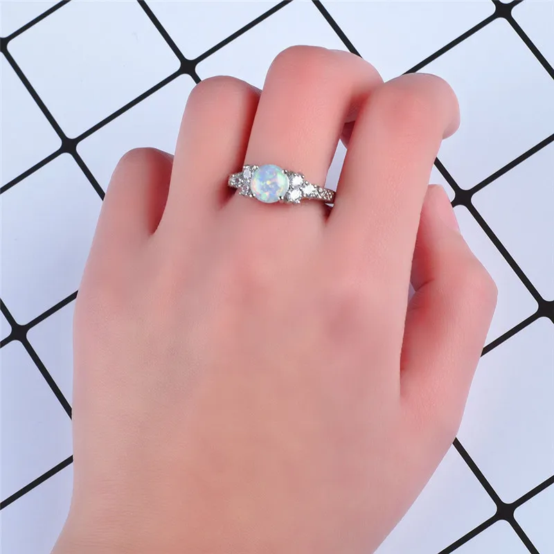 

Vintage Female Blue Opal Stone Jewelry Dainty Silver Color Wedding Rings For Women Trendy Round Crystal Engagement Thin Ring