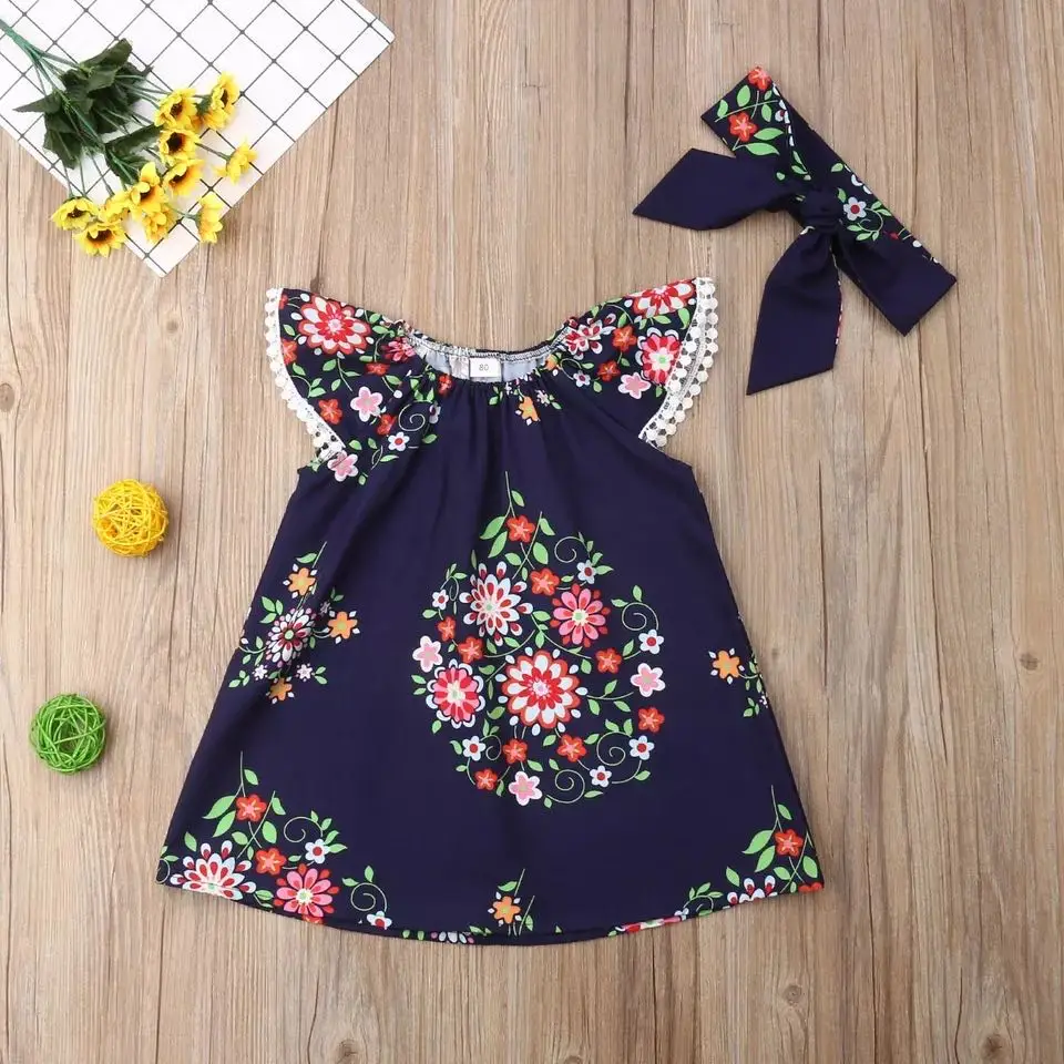 

New Girls Cute Princess Dress+Headband Toddler Retro Flower Clothes Baby Dresses Girl Party Pageant Summer Dress