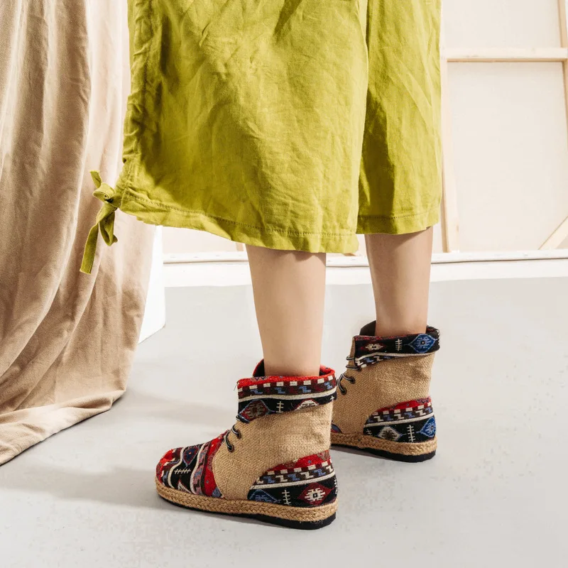 

Spring New Ethnic Style Linen Women's Short Boots Lace Up Flanging Process Characteristics National Style Cotton And Linen Shoes