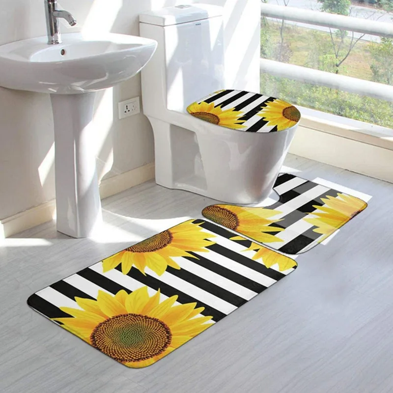 3 шт. Стильный черно белый полосатый Подсолнух душевой коврик набор занавески для