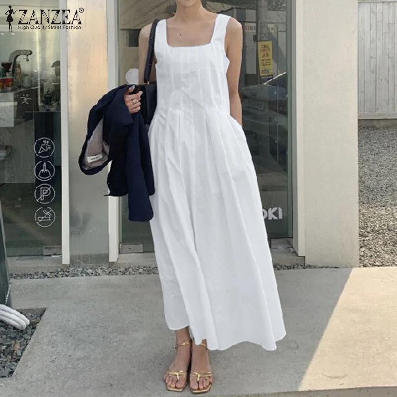 

Kaftan Pleated Midi Dress Women Summer Sundress 2022 ZANZEA Casual Strap Vestidos Female Solid Sqaure Neck Robe Femme Oversize 7