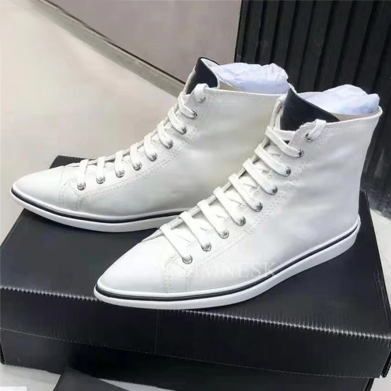 

Flat Pointed Toe High Top Small White Shoes Women Thick Sole Mixed Color Casual Shoes Spring Lace Up Canvas Sneakers For Girls
