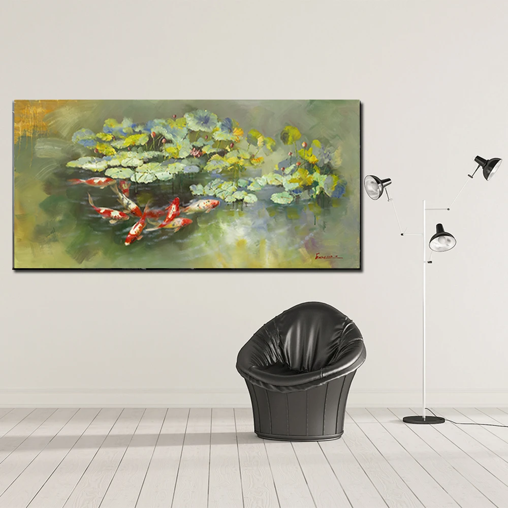 

Wall Art Picture Print Chinese Abstract Water Lily Nine Koi Landscape Oil Painting on Canvas Posters For Living Room Home Decor