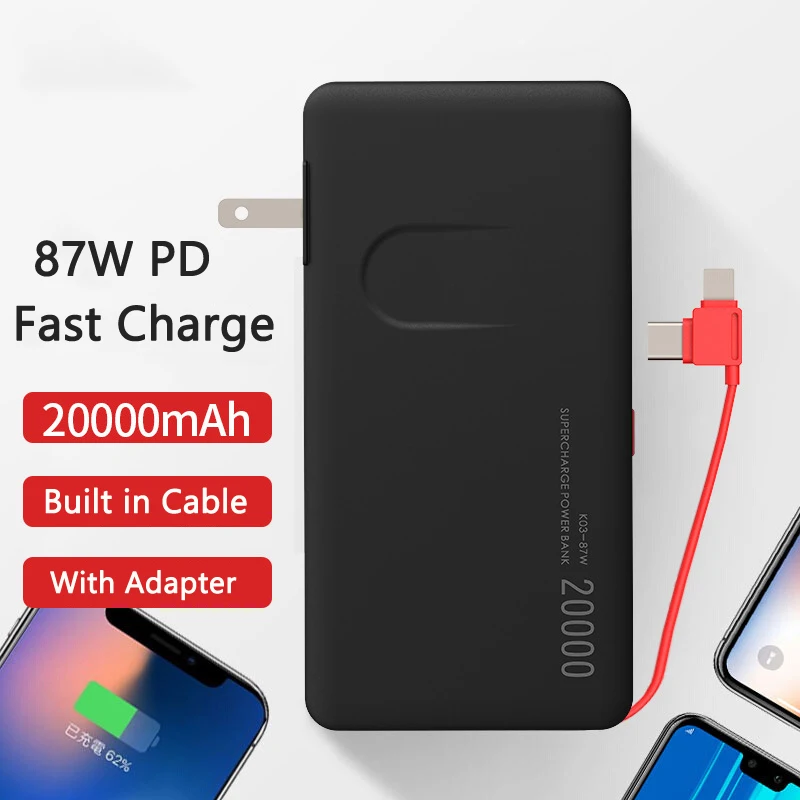 20000mAh Power Bank with Cable Plug 87W QC PD 3.0 Fast Charging Powerbank for iPhone 14 Huawei Xiaomi Laptop Notebook Powerbank