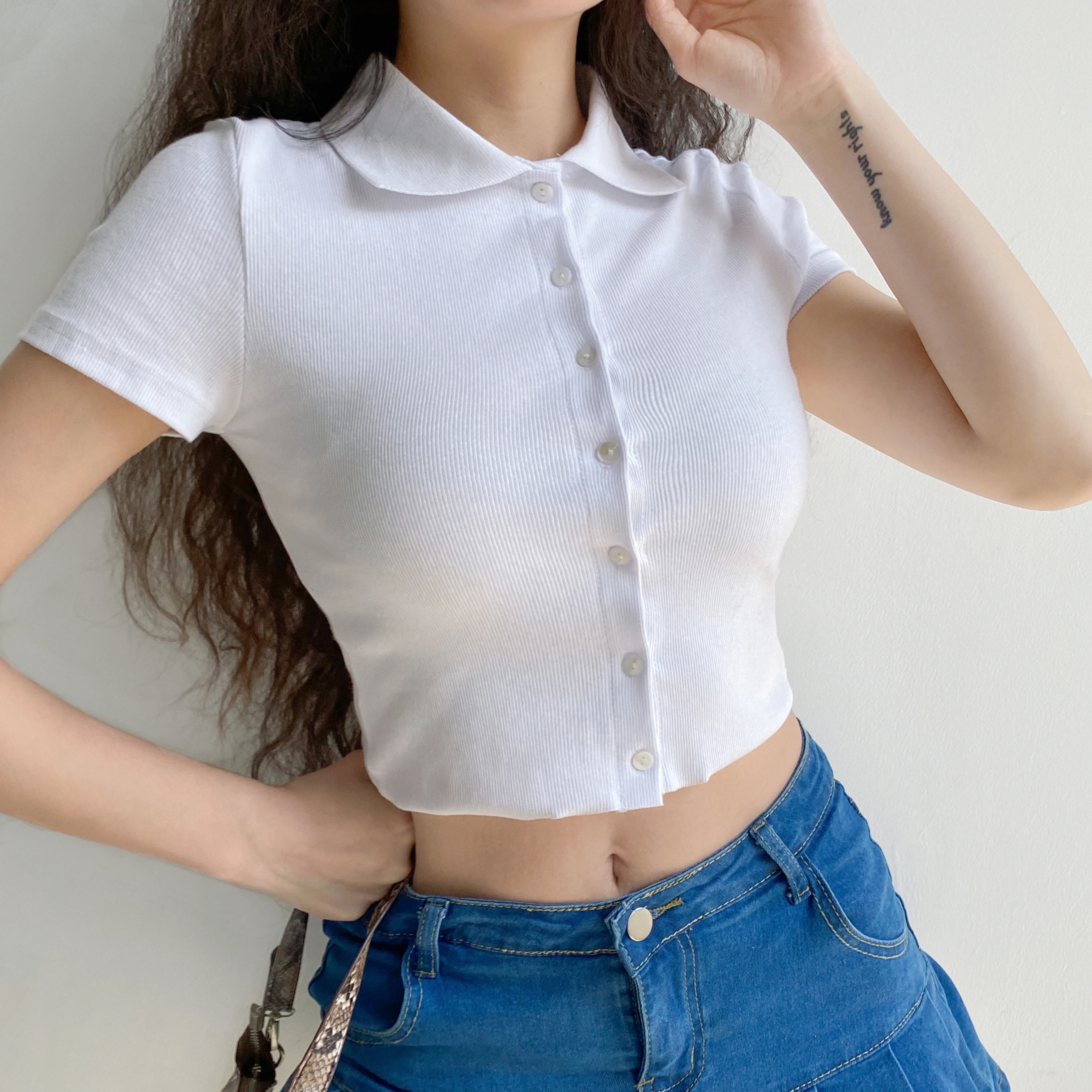 

Summer Women Sexy Crop Tops Adults Solid Color Short Sleeve Stand Collar Button Down T-shirt ropa de calle 2021