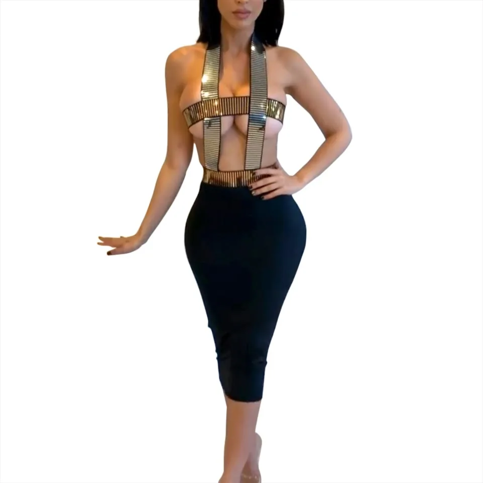 

European American Fashion Sequined Sleeveless Chest Cross Sexy Dress for Women Bandage Dresses for Women Party Club Dress