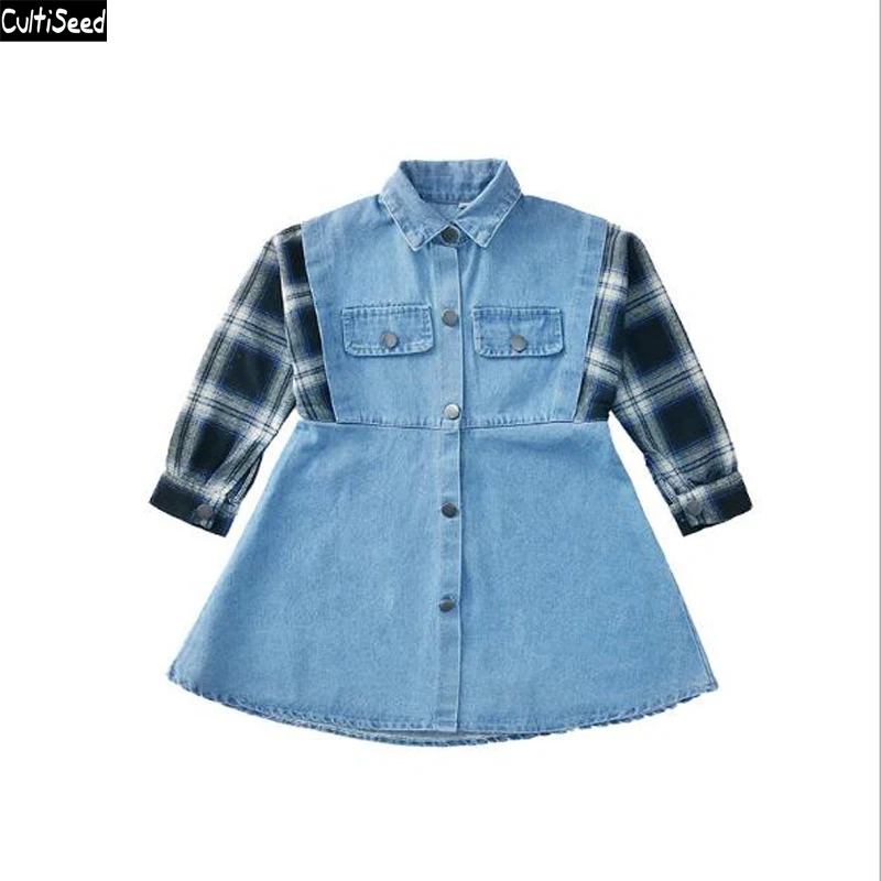

Cultiseed Girls Autumn Denim Jeans Dress Big Children Girls Korean Plaid Sleeve Patchwork Jeans Dress Kids Casual Pockets Dress