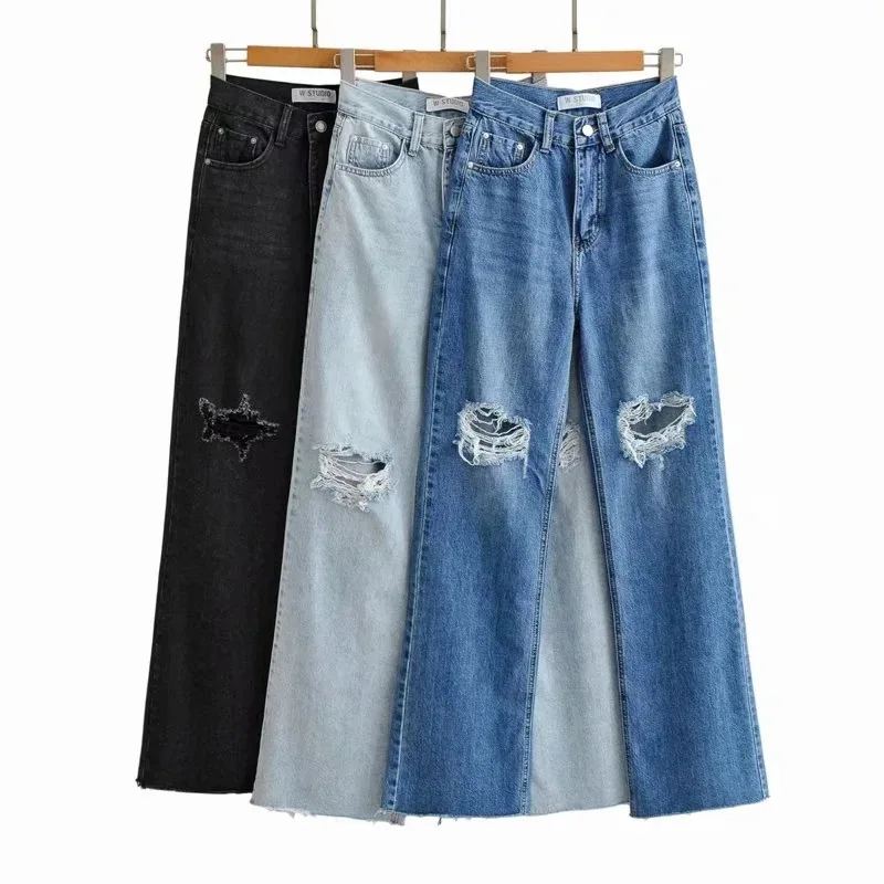 

2021 Vintage jeans woman high waist korean style pants fashion ripped jeans women wide leg jeans black tassel pants baggy retro