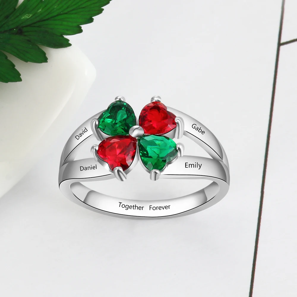 

925 Sterling Silver Personalized Mother Rings with 4 Heart Birthstones Four Leaf Shaped Engraved Name Rings for Grandma Mom Gift