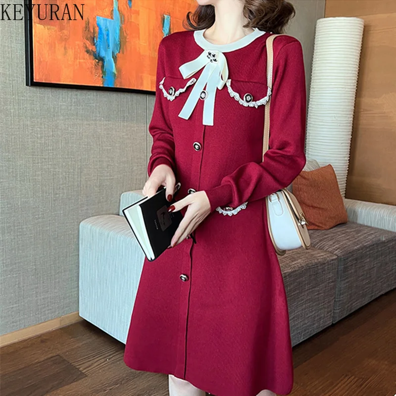 

Knit Dress Women Korean Chic Button Bow Belt Round Collar Patchwork Spring Autumn Retro Elegant A Line Sweater Dresses Black Red