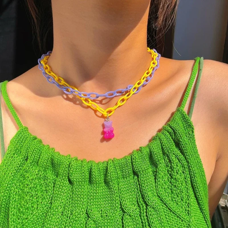 

Lovely color cartoon bear double acrylic chain personality hip-hop jelly bear pendant necklace women jewelry set