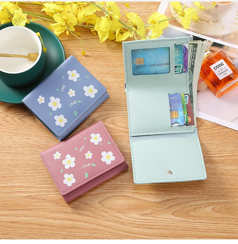 

New printed wallet women's short Tri-fold fashion small fresh wallet Cute Cartoon Floret pouch PU Leather Card Holder Mini Purse