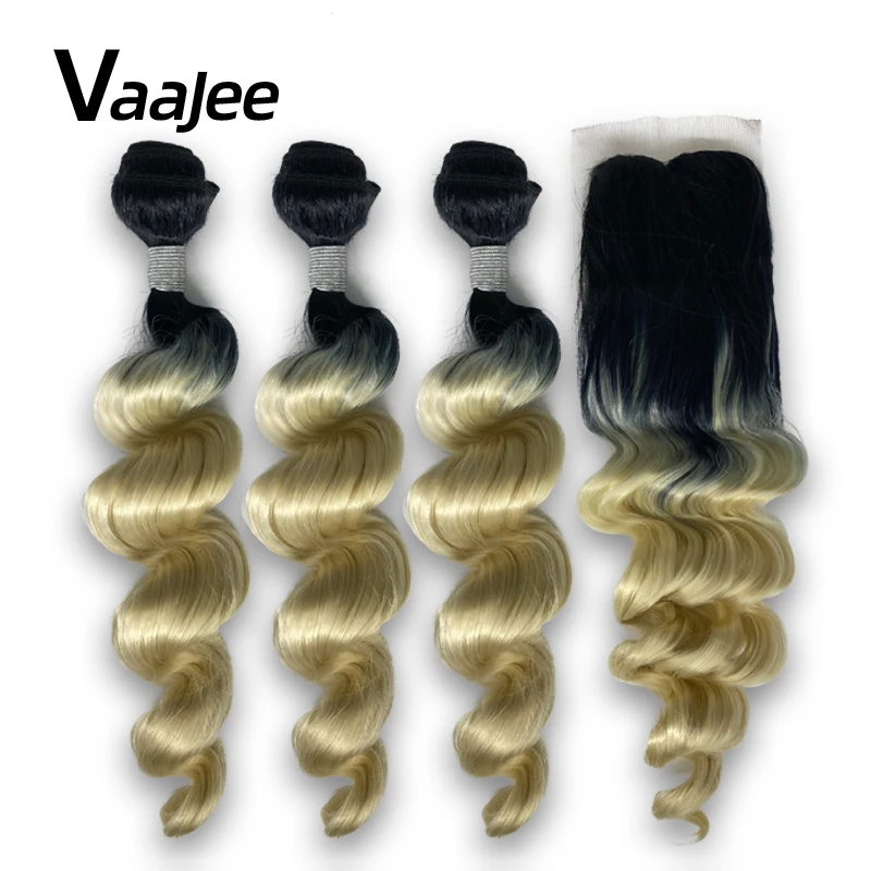 

18-30 inch Blonde Bundles with Closure Brazilian Body Wave Hair Bundles with Lace Closure Ombre Extensions Wave Hair 4pcs/Pack