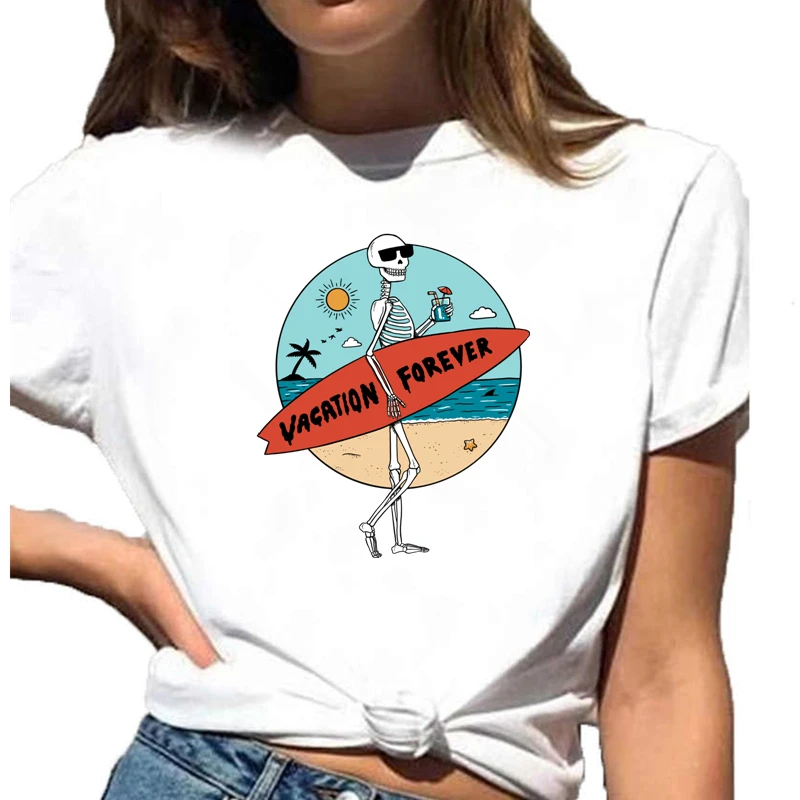 

VACATION FOREVER Cartoons Skeleton Graphics Print Women t-shirts Summer Hip Hop Short Sleeve O-Neck TShirt Tops