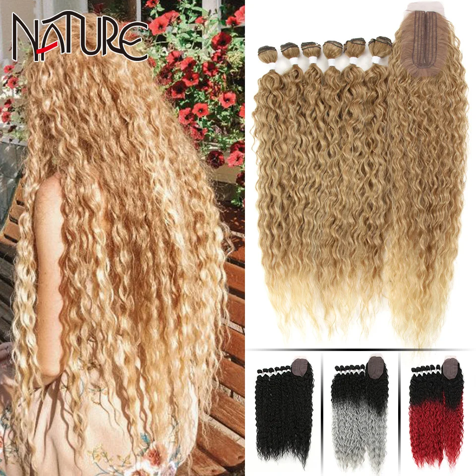 

Nature Hair Afro Kinky Curly Hair Bundles Extensions With Closure Ombre Golden 30inch Soft Super Long Hair Synthetic Wave Hair