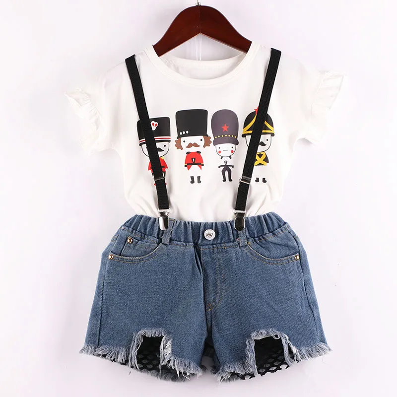 Girls Clothes Set Soldier Printed White Shirt And Jeans Shorts Overall Clothing Suit Summer Fashion Outfits Baby Kids Clothes - Цвет: Бежевый