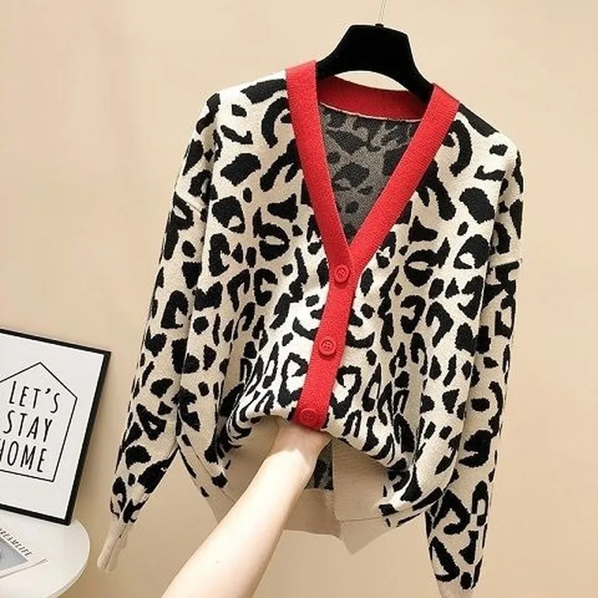 

Womens korean Fashon Street wear Loose Leopard Cardigans Sweaters Knited Outerwear New Styles 2020