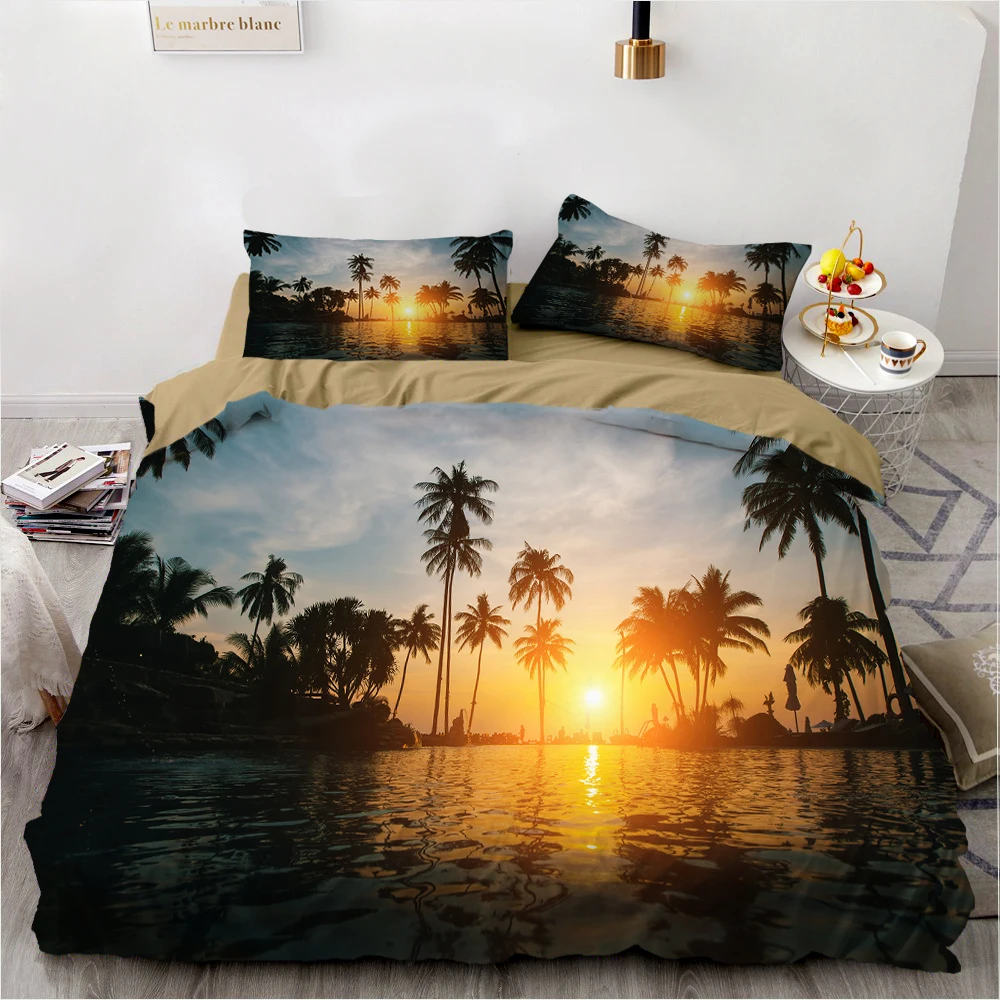 

Комплект постельного белья восход и закат, 2/3 шт., пододеяльник с 3D-принтом для морского пляжа, Комплект постельного белья с природным пейзаж...