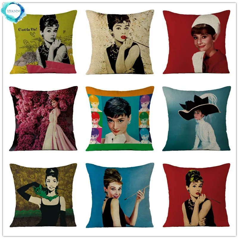 45x45cm Vintage Audrey Hepburn Decorative Pillows Case Plush Cushion Cover Home Pillowcase Sofa Black White Pillow Cover