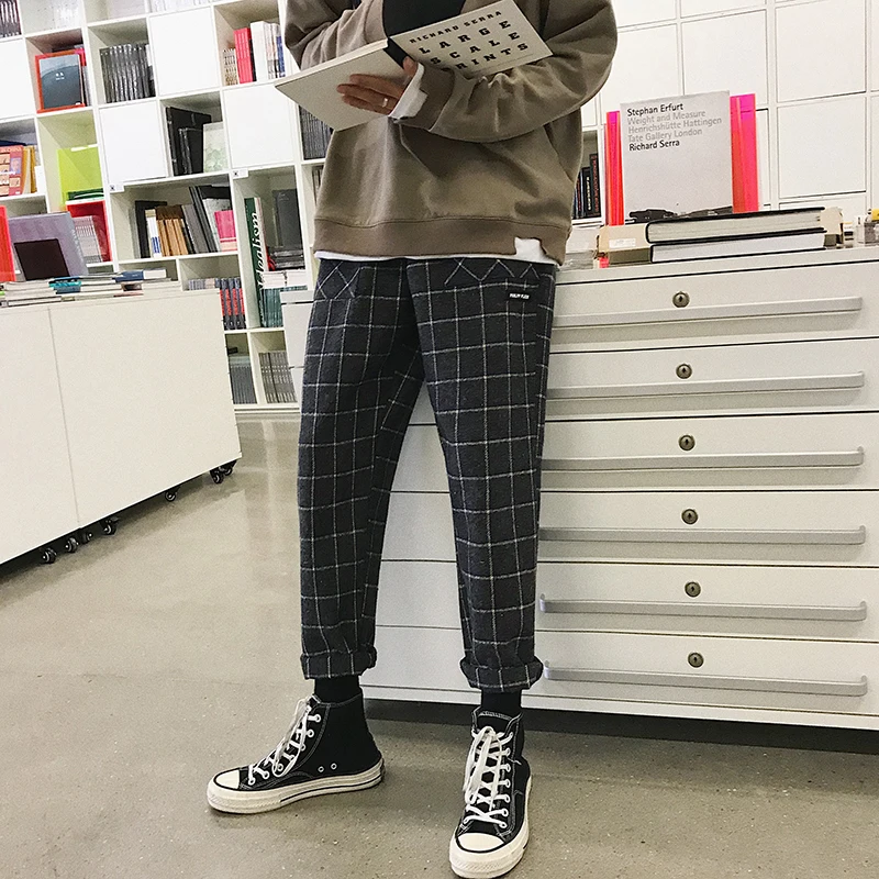 2019 мужские утепленные шерстяные брюки с принтом в клетку хлопковые повседневные