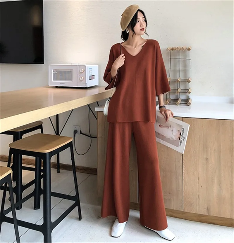 Женский трикотажный костюм CBAFU свободный свитер с v образным вырезом и брюки