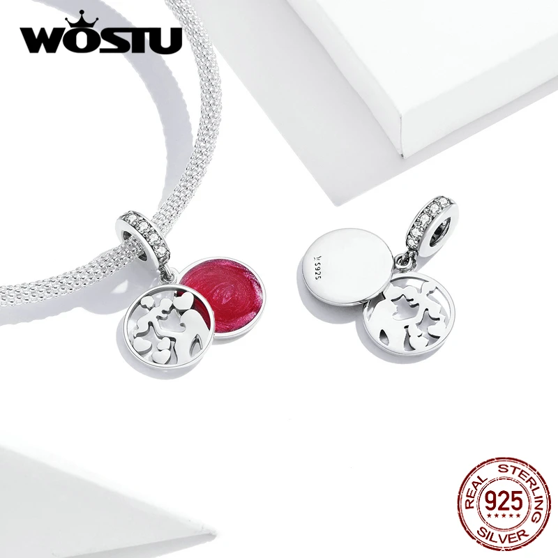 WOSTU Double Layers Mother &amp Child Charm 925 Sterling Silver Red Enamel Round Bead Fit Original Bracelet Pendant Jewelry FIC1460 |