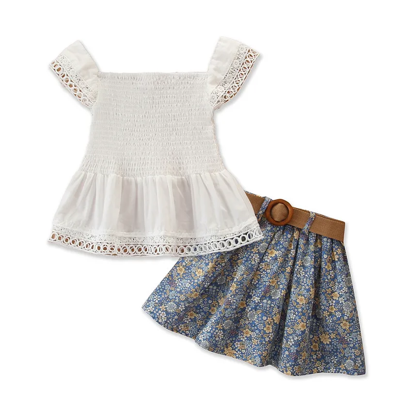 

fashion girls clothes sets 2pcs summer fly sleeve tops solid ruched T-shirts flower belt skirts toddler costumes sets 2pcs 2-7Y